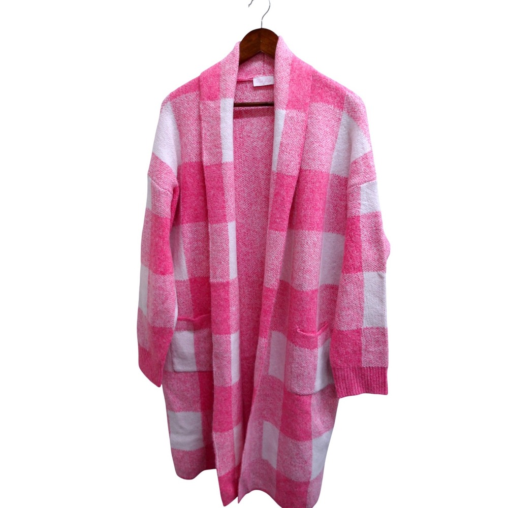 Pink White‎ Buffalo Plaid Open Front Cardigan Sweater Women's M / #1362
